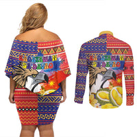 Philippines Kadayawan Couples Matching Off Shoulder Short Dress and Long Sleeve Button Shirt Filipino Eagle Durian with Polynesian and Igorots Pattern - Wonder Print Shop