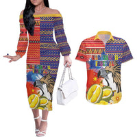 Philippines Kadayawan Couples Matching Off The Shoulder Long Sleeve Dress and Hawaiian Shirt Filipino Eagle Durian with Polynesian and Igorots Pattern - Wonder Print Shop