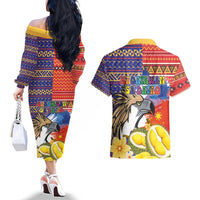 Philippines Kadayawan Couples Matching Off The Shoulder Long Sleeve Dress and Hawaiian Shirt Filipino Eagle Durian with Polynesian and Igorots Pattern - Wonder Print Shop