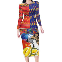 Philippines Kadayawan Long Sleeve Bodycon Dress Filipino Eagle Durian with Polynesian and Igorots Pattern - Wonder Print Shop