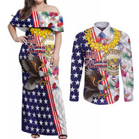 Hawaii and United States Together Couples Matching Off Shoulder Maxi Dress and Long Sleeve Button Shirt Seal of Hawaii and Bald Eagle - Wonder Print Shop