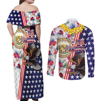 Hawaii and United States Together Couples Matching Off Shoulder Maxi Dress and Long Sleeve Button Shirt Seal of Hawaii and Bald Eagle - Wonder Print Shop