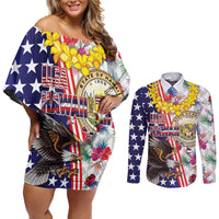 Hawaii and United States Together Couples Matching Off Shoulder Short Dress and Long Sleeve Button Shirt Seal of Hawaii and Bald Eagle - Wonder Print Shop
