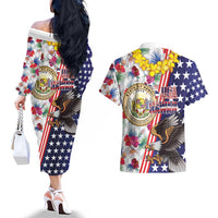 Hawaii and United States Together Couples Matching Off The Shoulder Long Sleeve Dress and Hawaiian Shirt Seal of Hawaii and Bald Eagle - Wonder Print Shop
