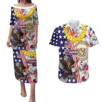 Hawaii and United States Together Couples Matching Puletasi and Hawaiian Shirt Seal of Hawaii and Bald Eagle - Wonder Print Shop