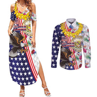 Hawaii and United States Together Couples Matching Summer Maxi Dress and Long Sleeve Button Shirt Seal of Hawaii and Bald Eagle - Wonder Print Shop
