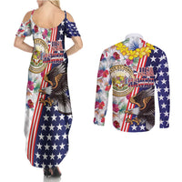 Hawaii and United States Together Couples Matching Summer Maxi Dress and Long Sleeve Button Shirt Seal of Hawaii and Bald Eagle - Wonder Print Shop