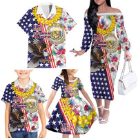 Hawaii and United States Together Family Matching Off The Shoulder Long Sleeve Dress and Hawaiian Shirt Seal of Hawaii and Bald Eagle - Wonder Print Shop