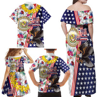 Hawaii and United States Together Family Matching Off Shoulder Maxi Dress and Hawaiian Shirt Seal of Hawaii and Bald Eagle - Wonder Print Shop