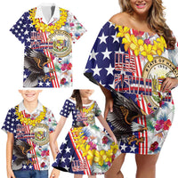 Hawaii and United States Together Family Matching Off Shoulder Short Dress and Hawaiian Shirt Seal of Hawaii and Bald Eagle - Wonder Print Shop