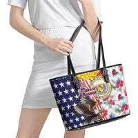 Hawaii and United States Together Leather Tote Bag Seal of Hawaii and Bald Eagle - Wonder Print Shop