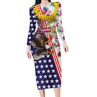 Hawaii and United States Together Long Sleeve Bodycon Dress Seal of Hawaii and Bald Eagle - Wonder Print Shop