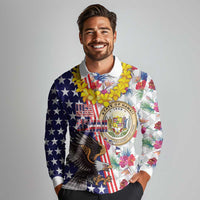 Hawaii and United States Together Long Sleeve Polo Shirt Seal of Hawaii and Bald Eagle - Wonder Print Shop