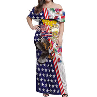 Hawaii and United States Together Off Shoulder Maxi Dress Seal of Hawaii and Bald Eagle - Wonder Print Shop