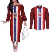 Custom Norway Football Couples Matching Off The Shoulder Long Sleeve Dress and Long Sleeve Button Shirt Norwegian Stripes-Viking Style - Wonder Print Shop