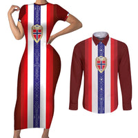 Custom Norway Football Couples Matching Short Sleeve Bodycon Dress and Long Sleeve Button Shirt Norwegian Stripes-Viking Style - Wonder Print Shop