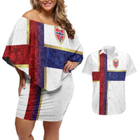 Custom Norway Football Couples Matching Off Shoulder Short Dress and Hawaiian Shirt Norwegian Flag Style with Rosemaling Pattern - Wonder Print Shop