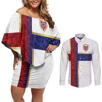 Custom Norway Football Couples Matching Off Shoulder Short Dress and Long Sleeve Button Shirt Norwegian Flag Style with Rosemaling Pattern - Wonder Print Shop