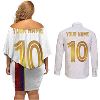 Custom Norway Football Couples Matching Off Shoulder Short Dress and Long Sleeve Button Shirt Norwegian Flag Style with Rosemaling Pattern - Wonder Print Shop