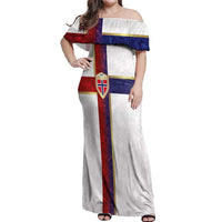 Custom Norway Football Off Shoulder Maxi Dress Norwegian Flag Style with Rosemaling Pattern - Wonder Print Shop