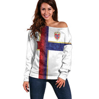 Custom Norway Football Off Shoulder Sweater Norwegian Flag Style with Rosemaling Pattern - Wonder Print Shop