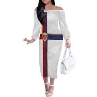 Custom Norway Football Off The Shoulder Long Sleeve Dress Norwegian Flag Style with Rosemaling Pattern - Wonder Print Shop