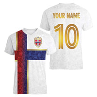 Custom Norway Football Women V-Neck T-Shirt Norwegian Flag Style with Rosemaling Pattern - Wonder Print Shop