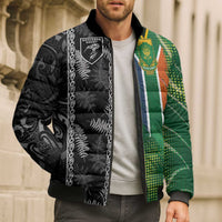 Custom Aotearoa South Africa Rugby Freedom Cup Bomber Puffer Jacket Maori Silver Fern Art and Sporty Flag SA - Wonder Print Shop
