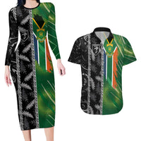 Custom Aotearoa South Africa Rugby Freedom Cup Couples Matching Long Sleeve Bodycon Dress and Hawaiian Shirt Maori Silver Fern Art and Sporty Flag SA - Wonder Print Shop
