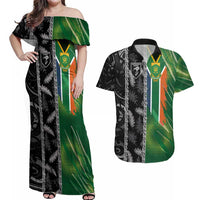 Custom Aotearoa South Africa Rugby Freedom Cup Couples Matching Off Shoulder Maxi Dress and Hawaiian Shirt Maori Silver Fern Art and Sporty Flag SA - Wonder Print Shop