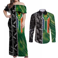 Custom Aotearoa South Africa Rugby Freedom Cup Couples Matching Off Shoulder Maxi Dress and Long Sleeve Button Shirt Maori Silver Fern Art and Sporty Flag SA - Wonder Print Shop
