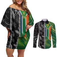 Custom Aotearoa South Africa Rugby Freedom Cup Couples Matching Off Shoulder Short Dress and Long Sleeve Button Shirt Maori Silver Fern Art and Sporty Flag SA - Wonder Print Shop
