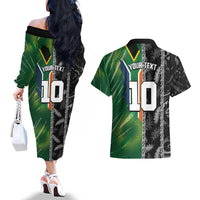 Custom Aotearoa South Africa Rugby Freedom Cup Couples Matching Off The Shoulder Long Sleeve Dress and Hawaiian Shirt Maori Silver Fern Art and Sporty Flag SA - Wonder Print Shop