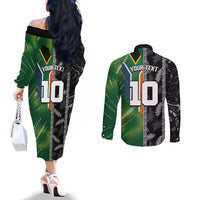 Custom Aotearoa South Africa Rugby Freedom Cup Couples Matching Off The Shoulder Long Sleeve Dress and Long Sleeve Button Shirt Maori Silver Fern Art and Sporty Flag SA - Wonder Print Shop
