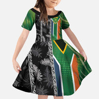 Custom Aotearoa South Africa Rugby Freedom Cup Family Matching Off Shoulder Maxi Dress and Hawaiian Shirt Maori Silver Fern Art and Sporty Flag SA - Wonder Print Shop
