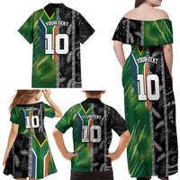 Custom Aotearoa South Africa Rugby Freedom Cup Family Matching Off Shoulder Maxi Dress and Hawaiian Shirt Maori Silver Fern Art and Sporty Flag SA - Wonder Print Shop