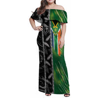 Custom Aotearoa South Africa Rugby Freedom Cup Family Matching Off Shoulder Maxi Dress and Hawaiian Shirt Maori Silver Fern Art and Sporty Flag SA - Wonder Print Shop