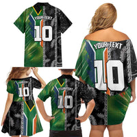 Custom Aotearoa South Africa Rugby Freedom Cup Family Matching Off Shoulder Short Dress and Hawaiian Shirt Maori Silver Fern Art and Sporty Flag SA - Wonder Print Shop