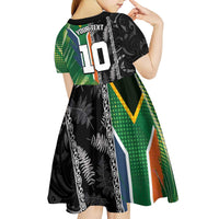Custom Aotearoa South Africa Rugby Freedom Cup Kid Short Sleeve Dress Maori Silver Fern Art and Sporty Flag SA - Wonder Print Shop