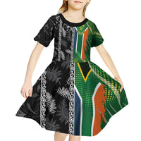 Custom Aotearoa South Africa Rugby Freedom Cup Kid Short Sleeve Dress Maori Silver Fern Art and Sporty Flag SA - Wonder Print Shop