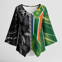 Custom Aotearoa South Africa Rugby Freedom Cup Kimono Sleeve Blouse Maori Silver Fern Art and Sporty Flag SA - Wonder Print Shop
