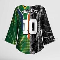 Custom Aotearoa South Africa Rugby Freedom Cup Kimono Sleeve Blouse Maori Silver Fern Art and Sporty Flag SA - Wonder Print Shop