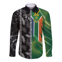 Custom Aotearoa South Africa Rugby Freedom Cup Long Sleeve Button Shirt Maori Silver Fern Art and Sporty Flag SA - Wonder Print Shop