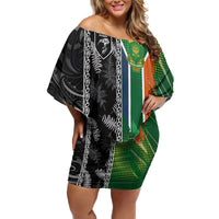 Custom Aotearoa South Africa Rugby Freedom Cup Off Shoulder Short Dress Maori Silver Fern Art and Sporty Flag SA - Wonder Print Shop