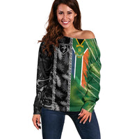 Custom Aotearoa South Africa Rugby Freedom Cup Off Shoulder Sweater Maori Silver Fern Art and Sporty Flag SA - Wonder Print Shop