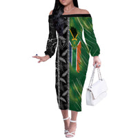 Custom Aotearoa South Africa Rugby Freedom Cup Off The Shoulder Long Sleeve Dress Maori Silver Fern Art and Sporty Flag SA - Wonder Print Shop