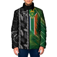 Custom Aotearoa South Africa Rugby Freedom Cup Padded Jacket Maori Silver Fern Art and Sporty Flag SA - Wonder Print Shop