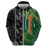 Custom Aotearoa South Africa Rugby Freedom Cup Zip Hoodie Maori Silver Fern Art and Sporty Flag SA - Wonder Print Shop