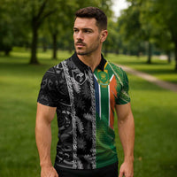 Custom Aotearoa South Africa Rugby Freedom Cup Zipper Polo Shirt Maori Silver Fern Art and Sporty Flag SA - Wonder Print Shop