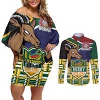 South Africa Rugby Couples Matching Off Shoulder Short Dress and Long Sleeve Button Shirt Go Bokke-Amabokoboko Spirit - Wonder Print Shop